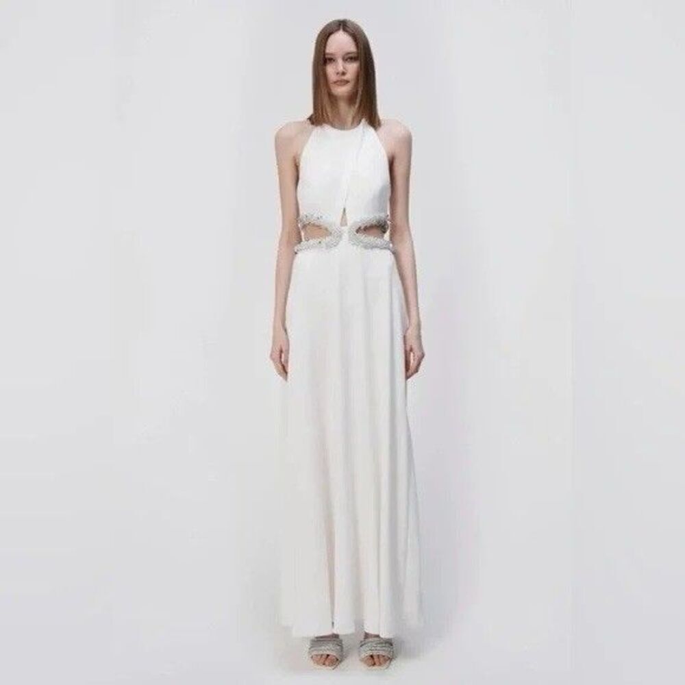 SIMKHAI Sandi Embellished Sequin Waist Cut-Out Halter Gown Maxi Dress Party 0